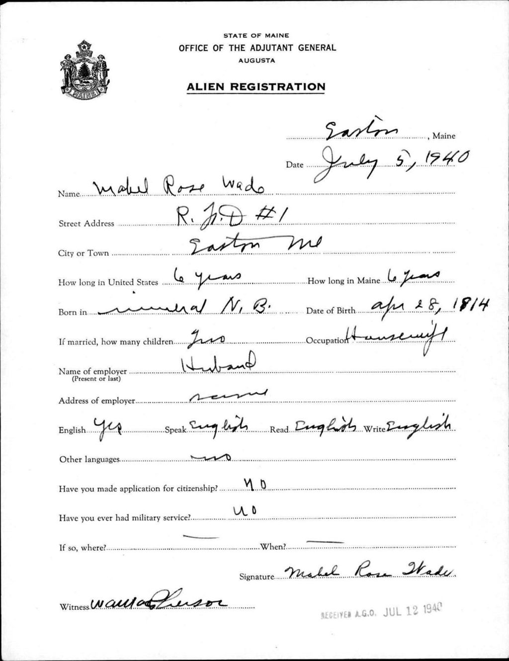 Miniature of Alien Registration- Wade, Mabel R. (Easton, Aroostook County)