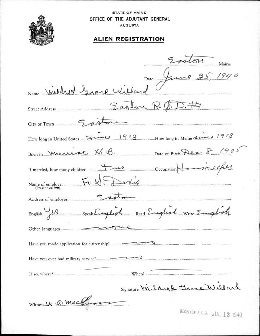 Miniature of Alien Registration- Willard, Mildred G. (Easton, Aroostook County)