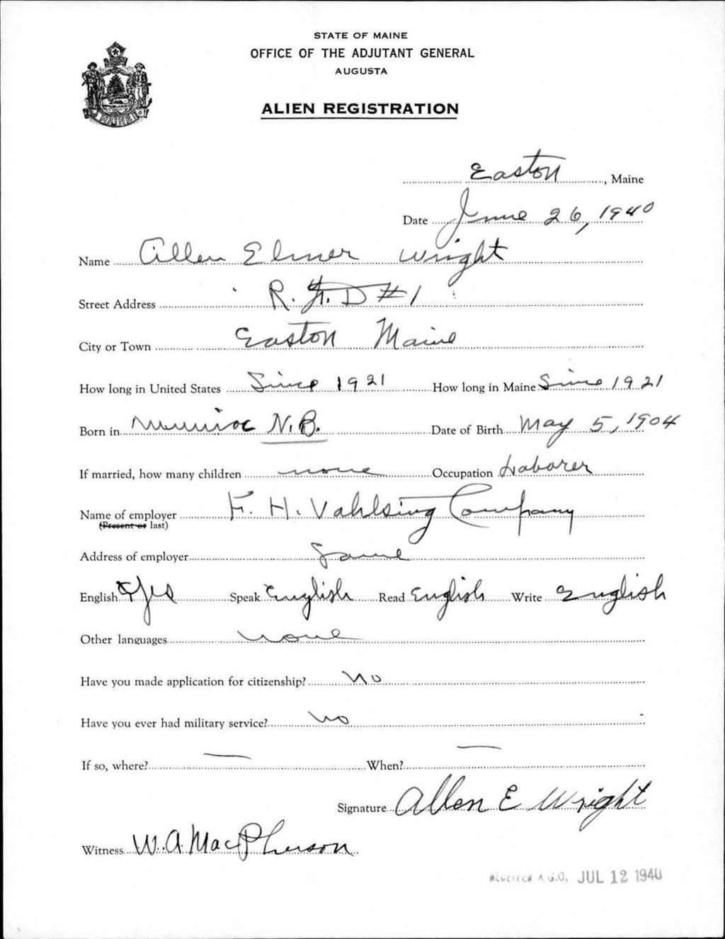 Miniature of Alien Registration- Wright, Allen E. (Easton, Aroostook County)