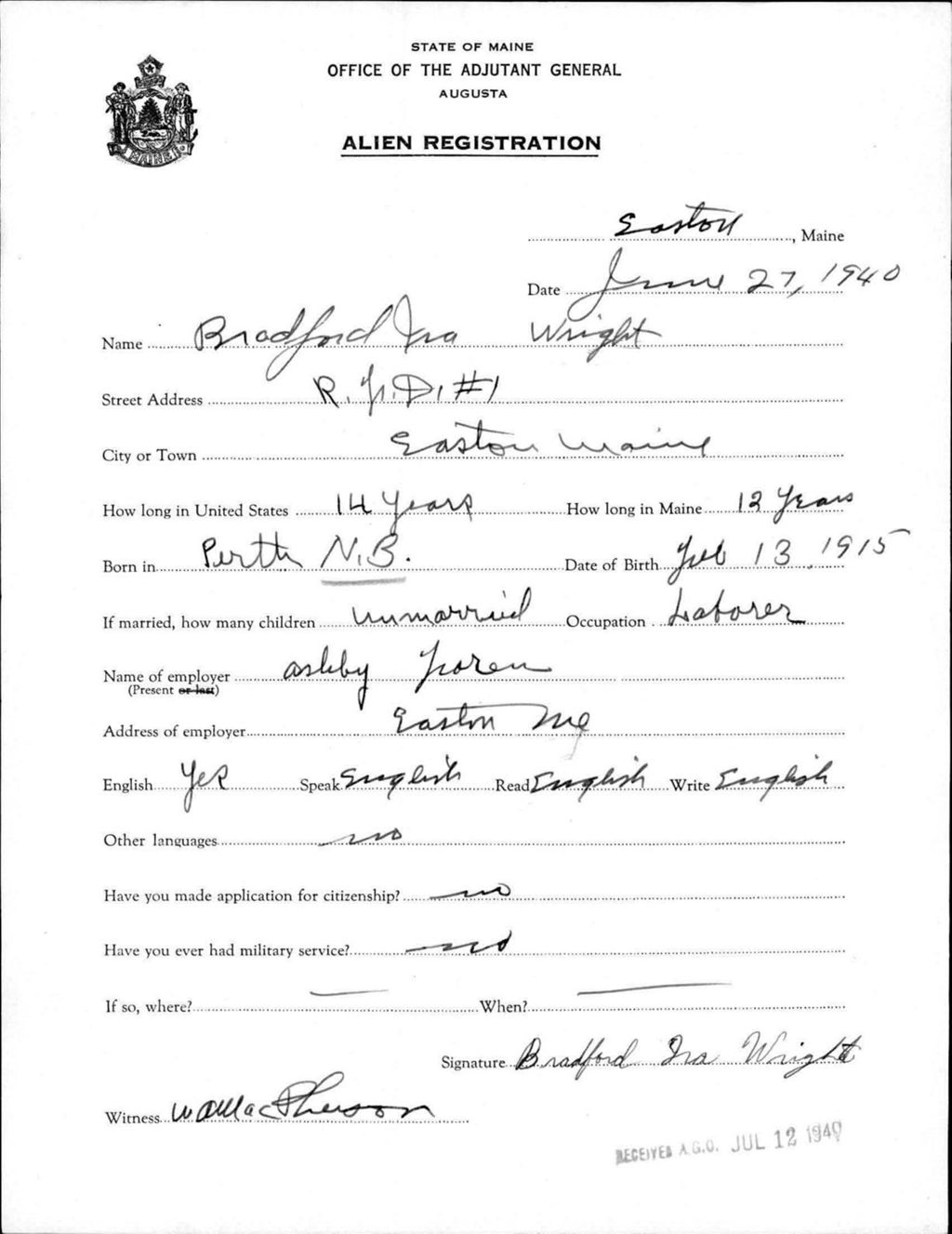 Miniature of Alien Registration- Wright, Bradford I. (Easton, Aroostook County)