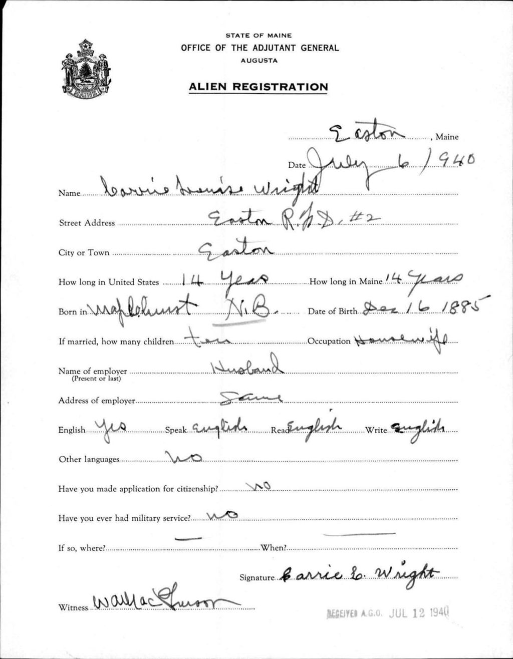 Miniature of Alien Registration- Wright, Carrie L. (Easton, Aroostook County)
