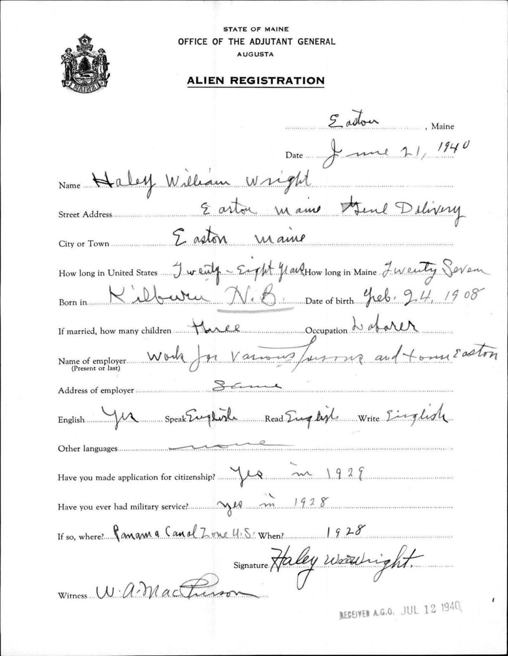 Miniature of Alien Registration- Wright, Haley W. (Easton, Aroostook County)