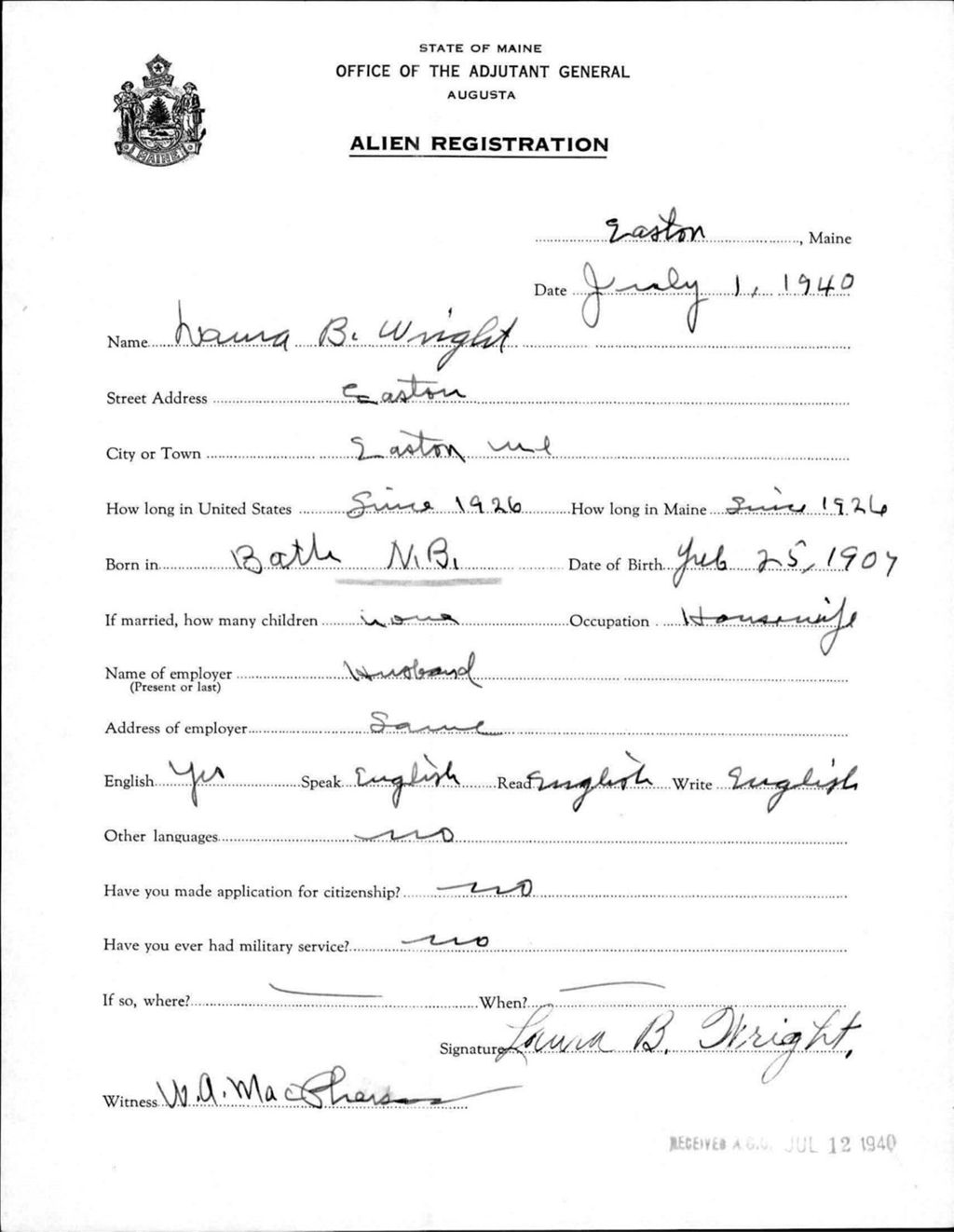 Miniature of Alien Registration- Wright, Laura B. (Easton, Aroostook County)