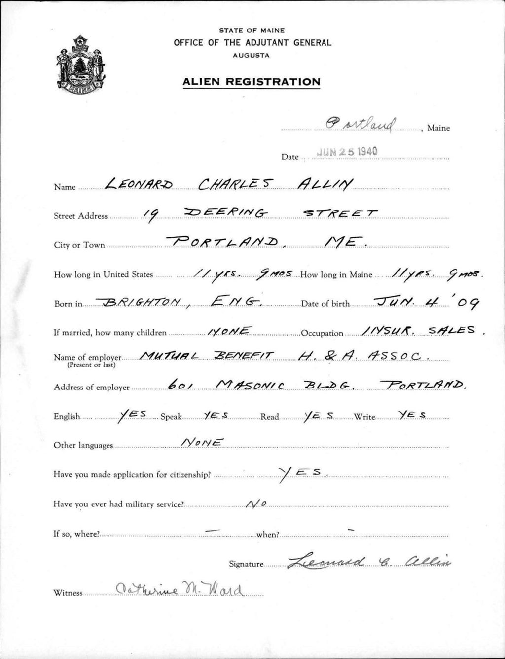 Miniature of Alien Registration- Allin, Leonard C. (Portland, Cumberland County)