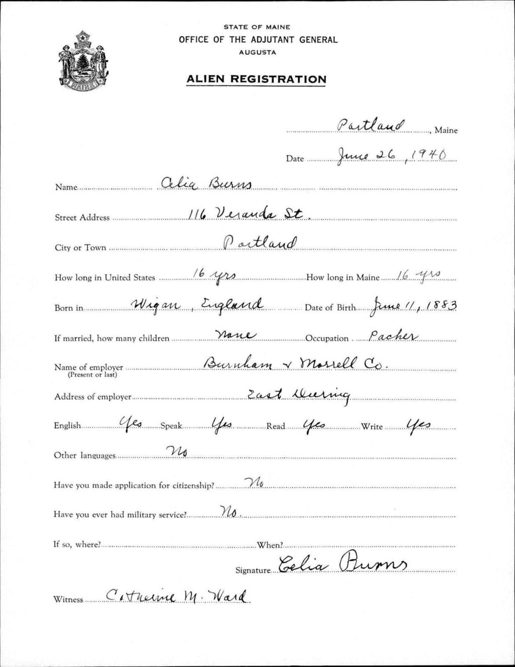 Miniature of Alien Registration- Burns, Celia (Portland, Cumberland County)