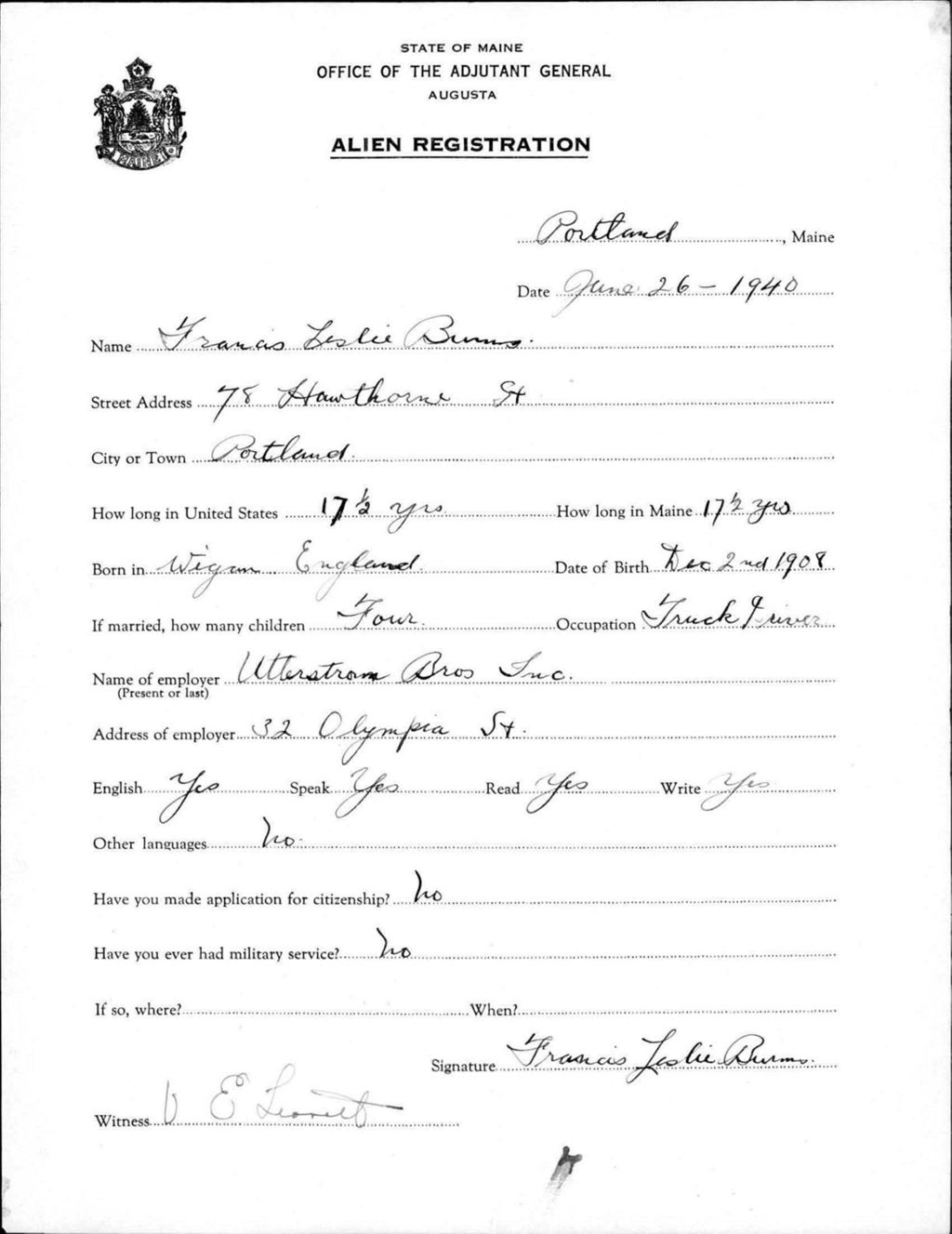 Miniature of Alien Registration- Burns, Francis L. (Portland, Cumberland County)