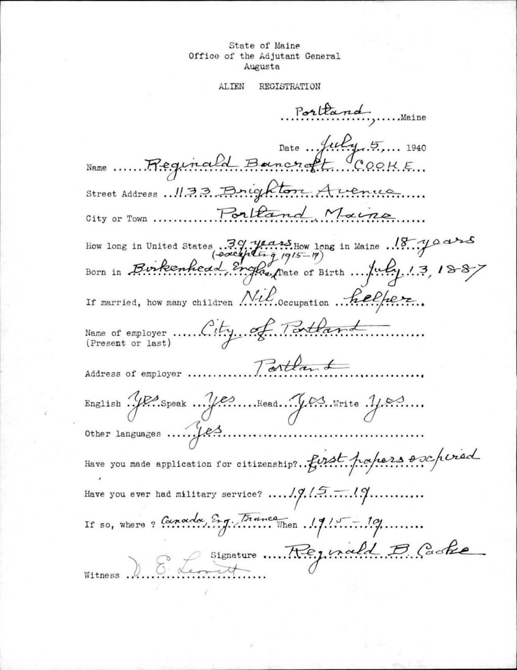 Miniature of Alien Registration- Cooke, Reginald B. (Portland, Cumberland County)