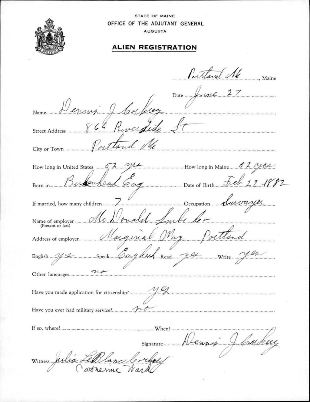 Miniature of Alien Registration- Corkey, Dennis J. (Portland, Cumberland County)