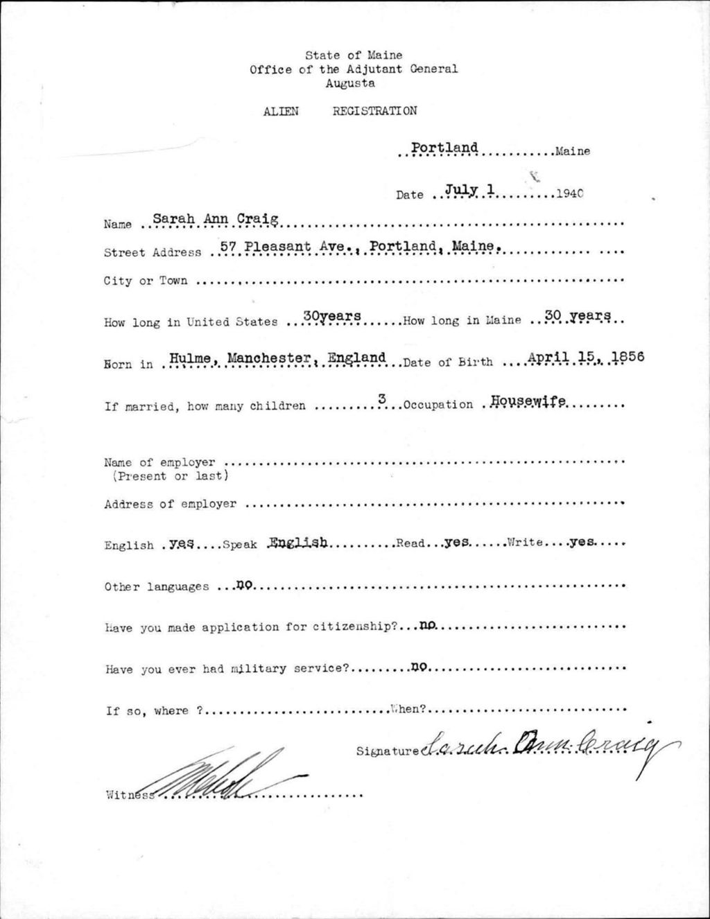 Miniature of Alien Registration- Craig, Sarah A. (Portland, Cumberland County)