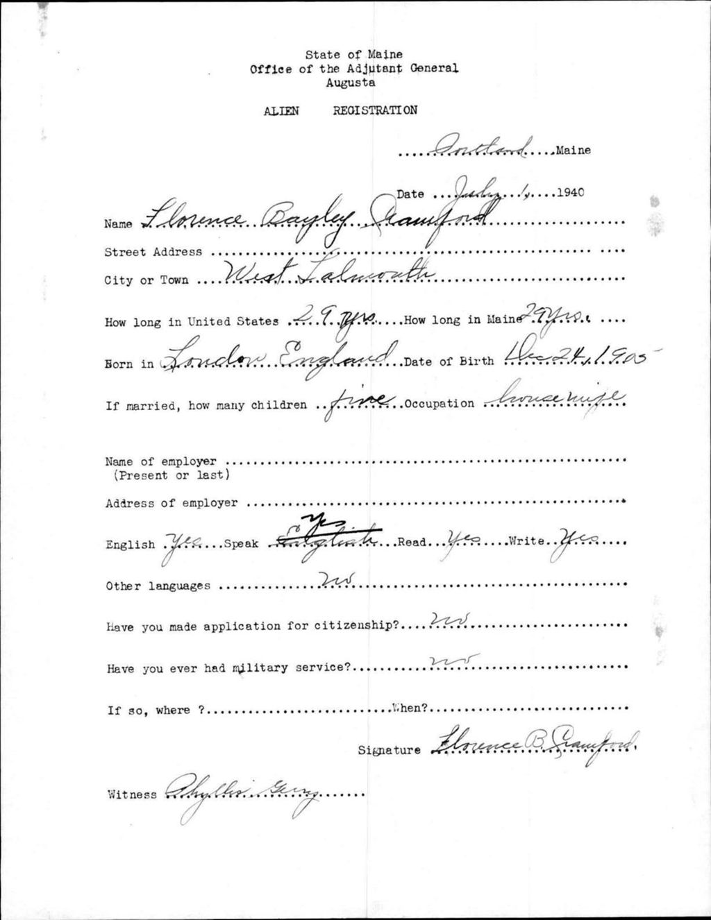 Miniature of Alien Registration- Bagley, Florence (Portland, Cumberland County)
