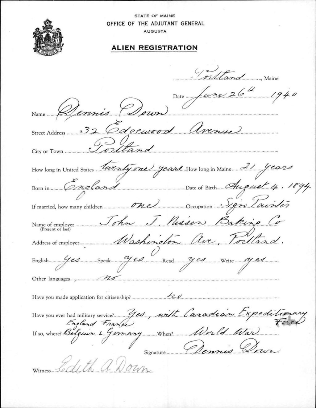 Miniature of Alien Registration- Down, Dennis (Portland, Cumberland County)