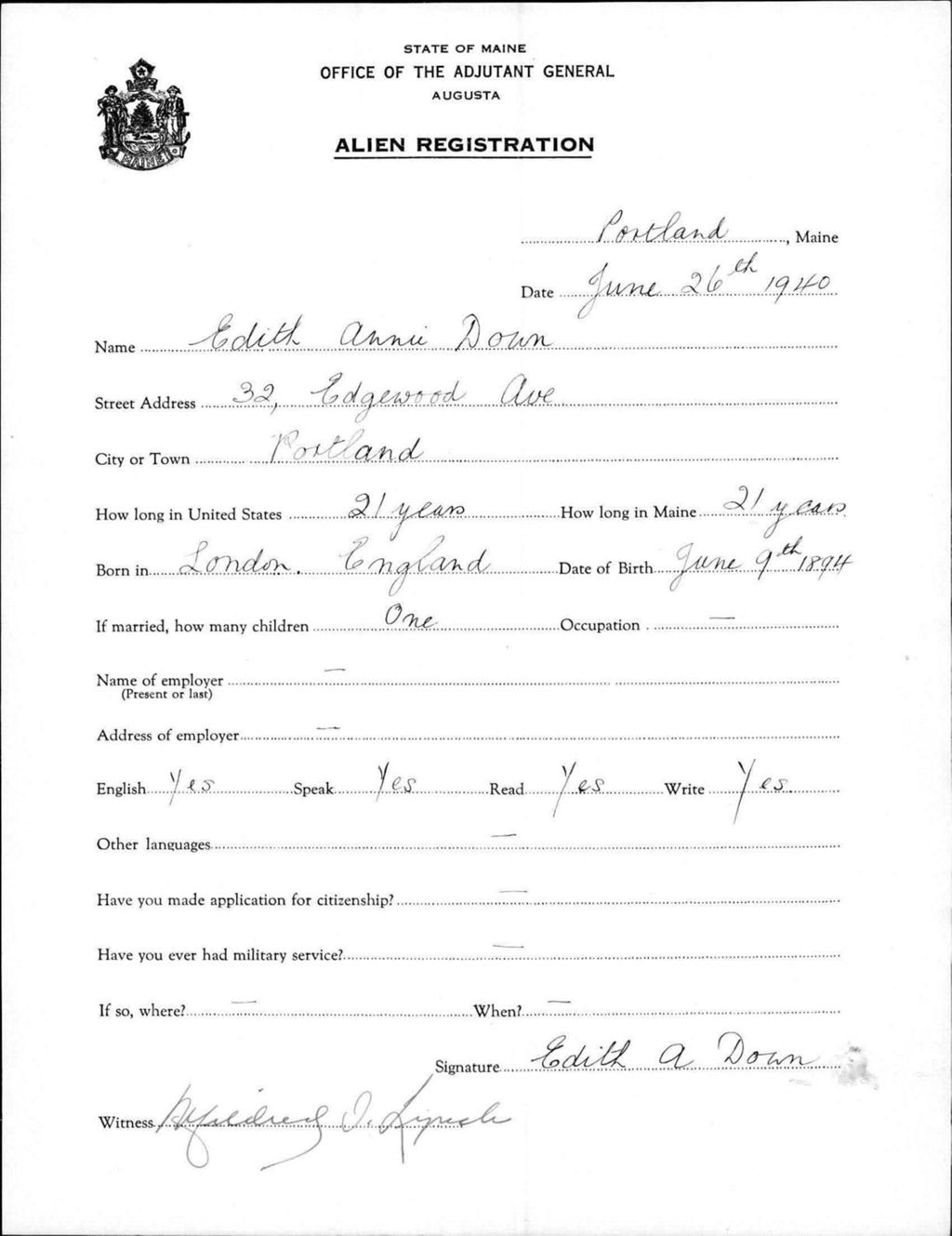 Miniature of Alien Registration- Down, Edith A. (Portland, Cumberland County)