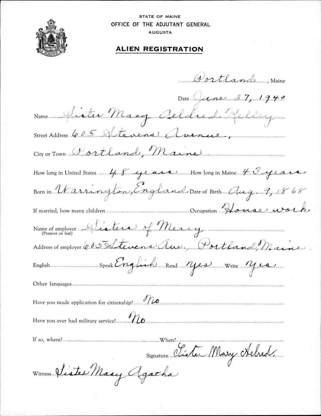 Miniature of Alien Registration- Kelley, Mary (Portland, Cumberland County)