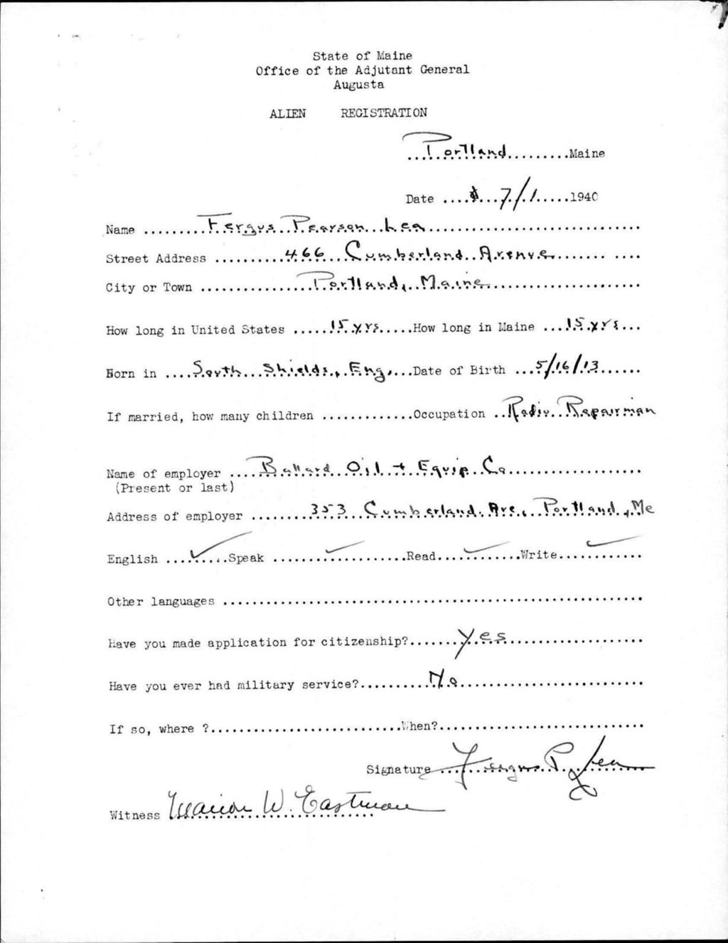 Miniature of Alien Registration- Lea, Fergus P. (Portland, Cumberland County)