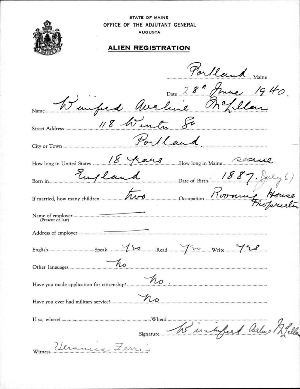 Miniature of Alien Registration- Mclellan, Winifred A. (Portland, Cumberland County)