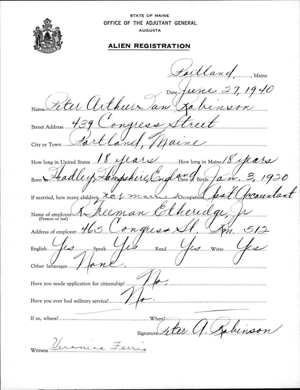Miniature of Alien Registration- Robinson, Peter Arthur I. (Portland, Cumberland County)