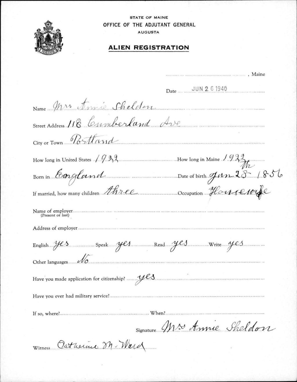 Miniature of Alien Registration- Sheldon, Annie (Portland, Cumberland County)