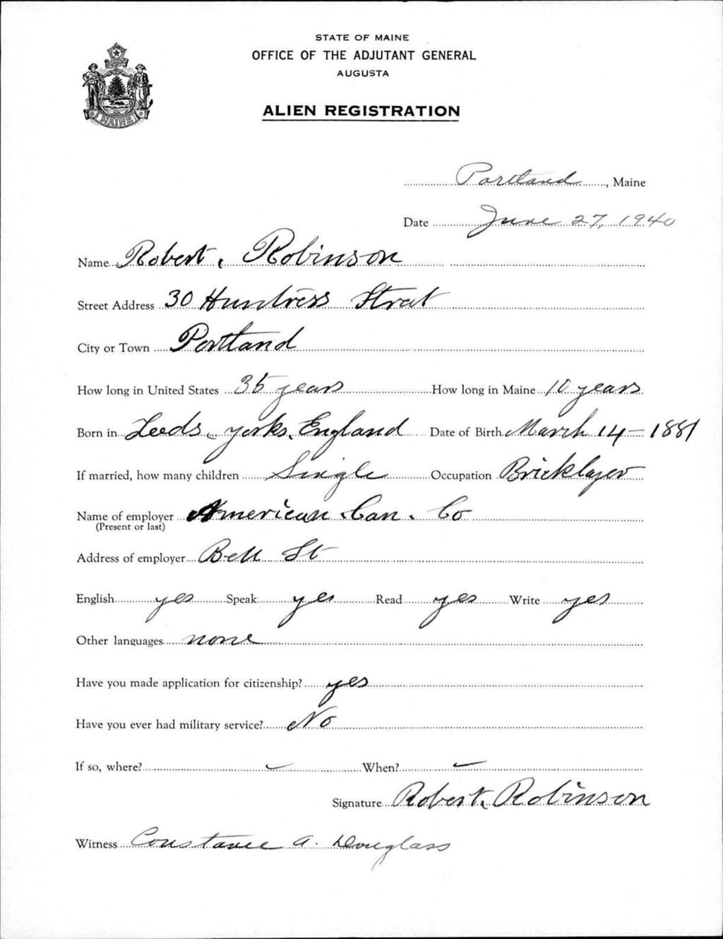 Miniature of Alien Registration- Robinson, Robert (Portland, Cumberland County)