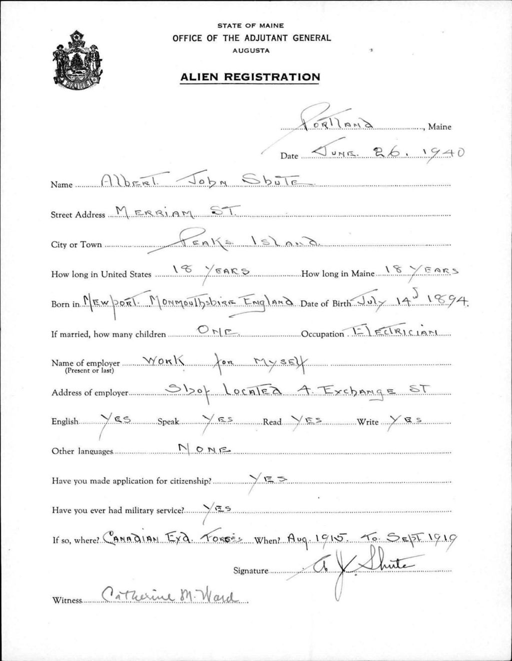 Miniature of Alien Registration- Shute, Albert J. (Portland, Cumberland County)