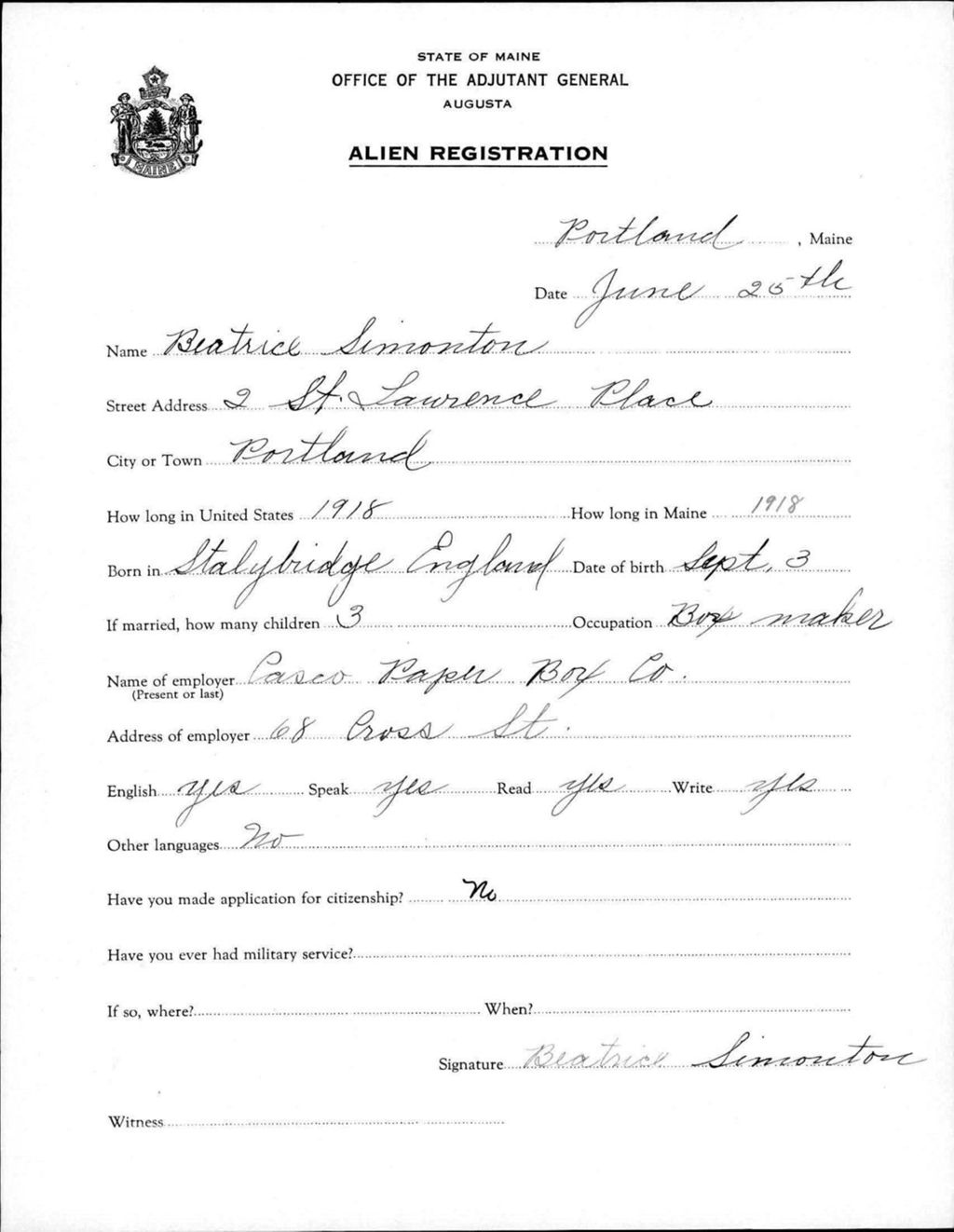 Miniature of Alien Registration- Simonton, Beatrice (Portland, Cumberland County)