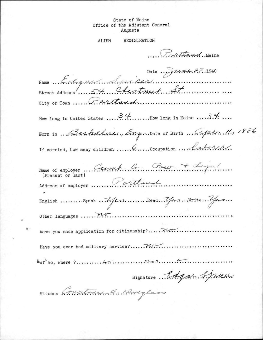 Miniature of Alien Registration- Spicer, Edgar (Portland, Cumberland County)