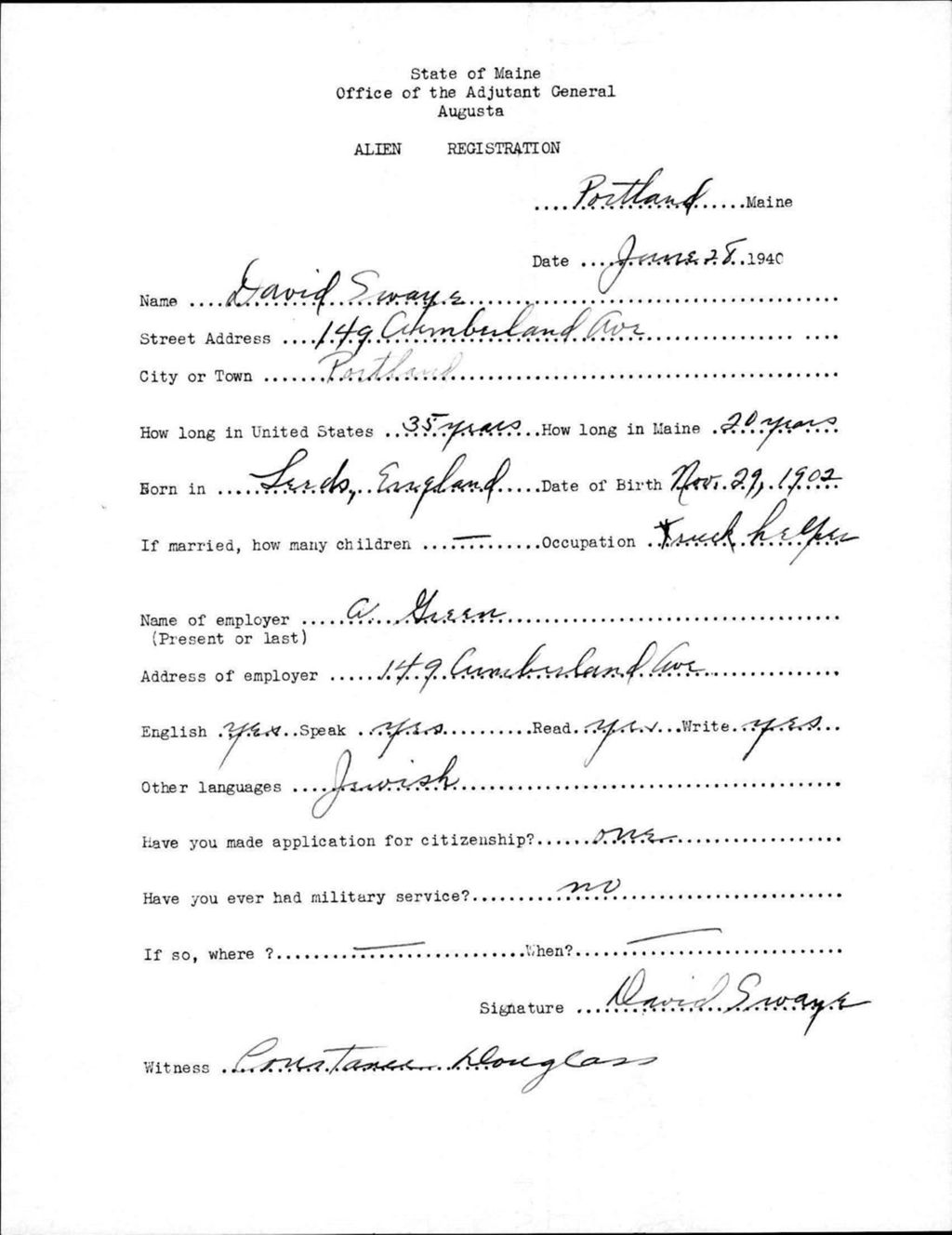 Miniature of Alien Registration- Swaye, David (Portland, Cumberland County)