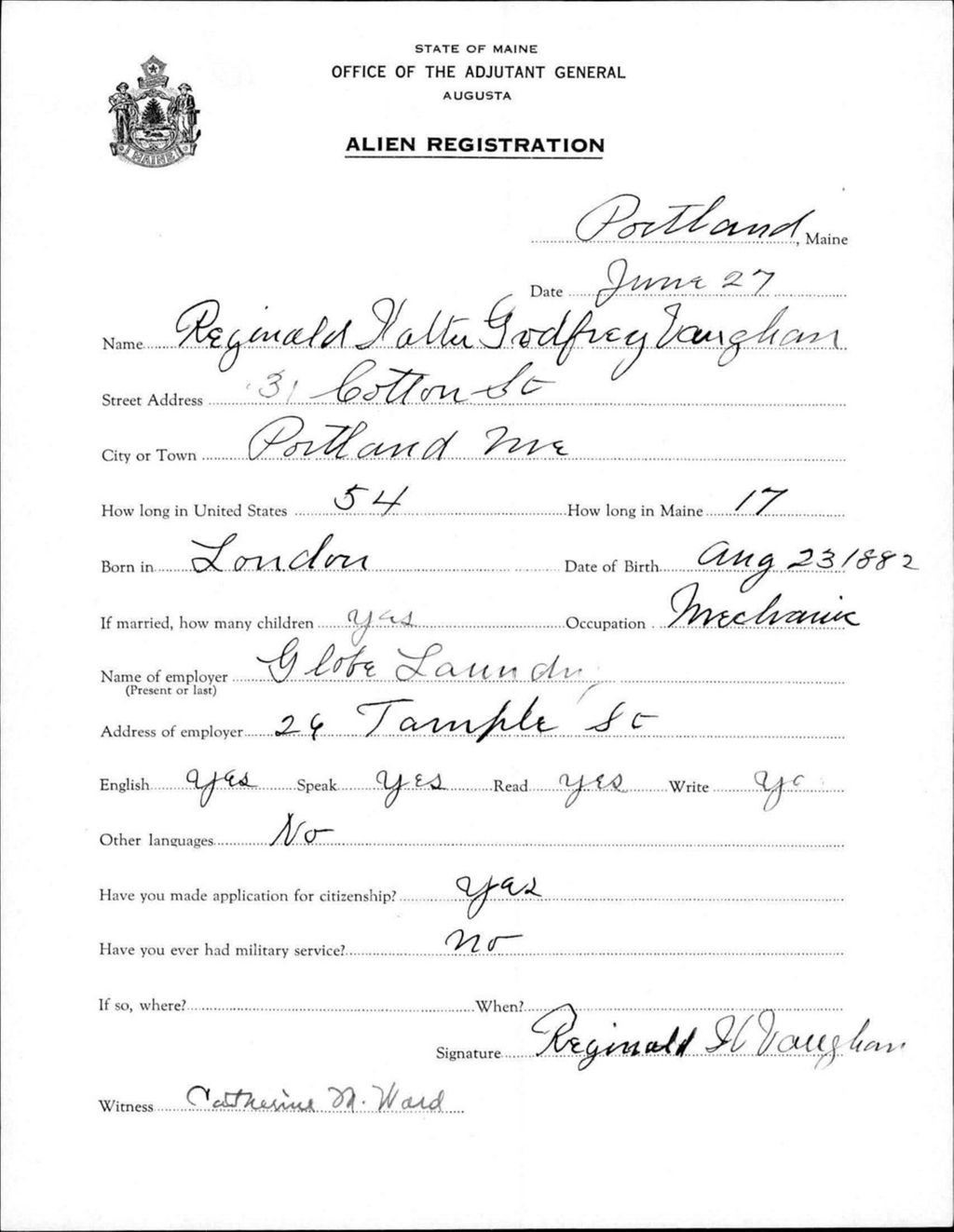 Miniature of Alien Registration- Vaughan, Reginald Walter G. (Portland, Cumberland County)
