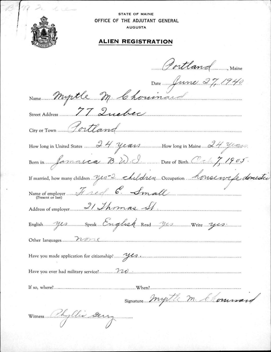 Miniature of Alien Registration- Chouinard, Myrtle M. (Portland, Cumberland County)