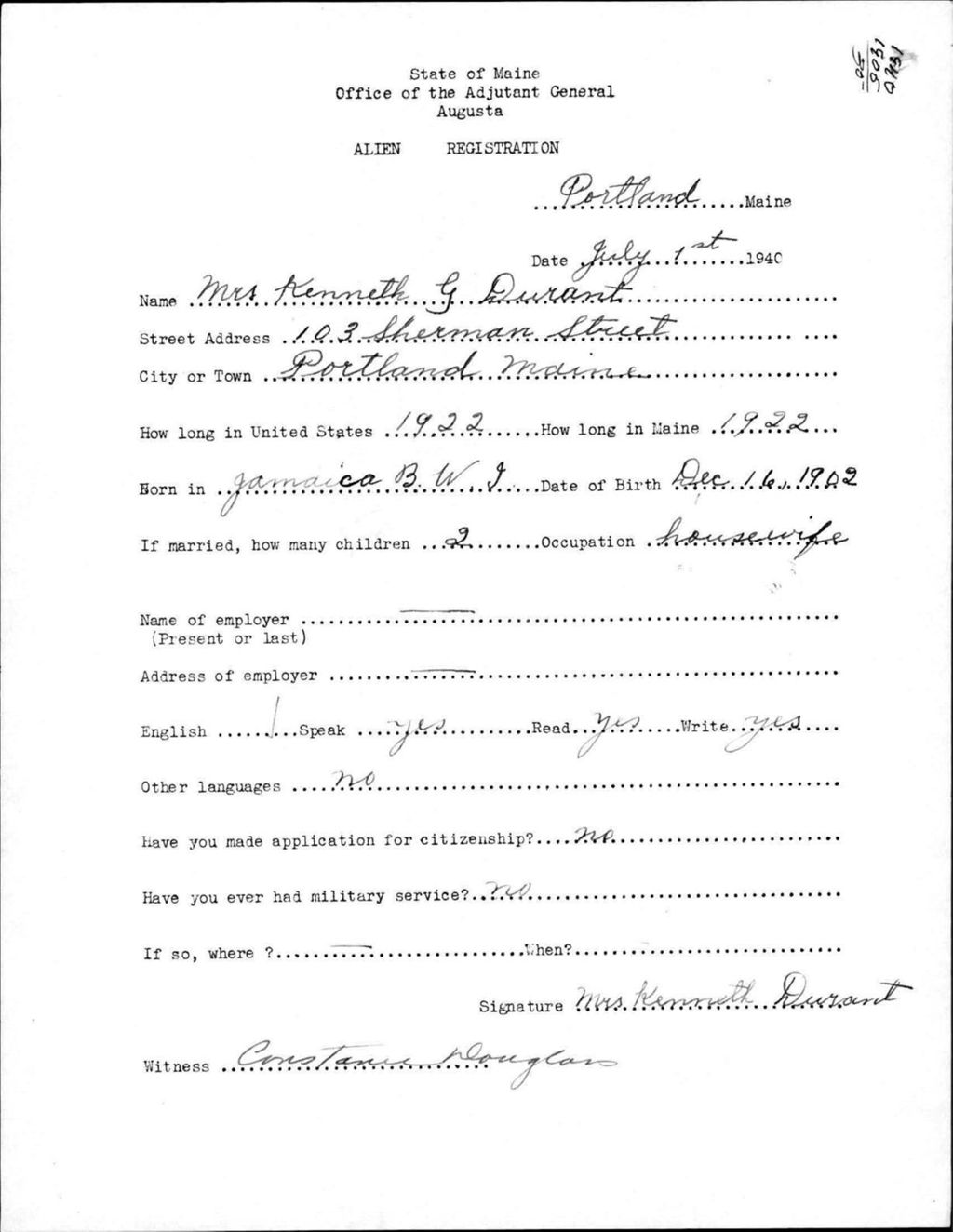 Miniature of Alien Registration- Durant, Kenneth G. (Portland, Cumberland County)