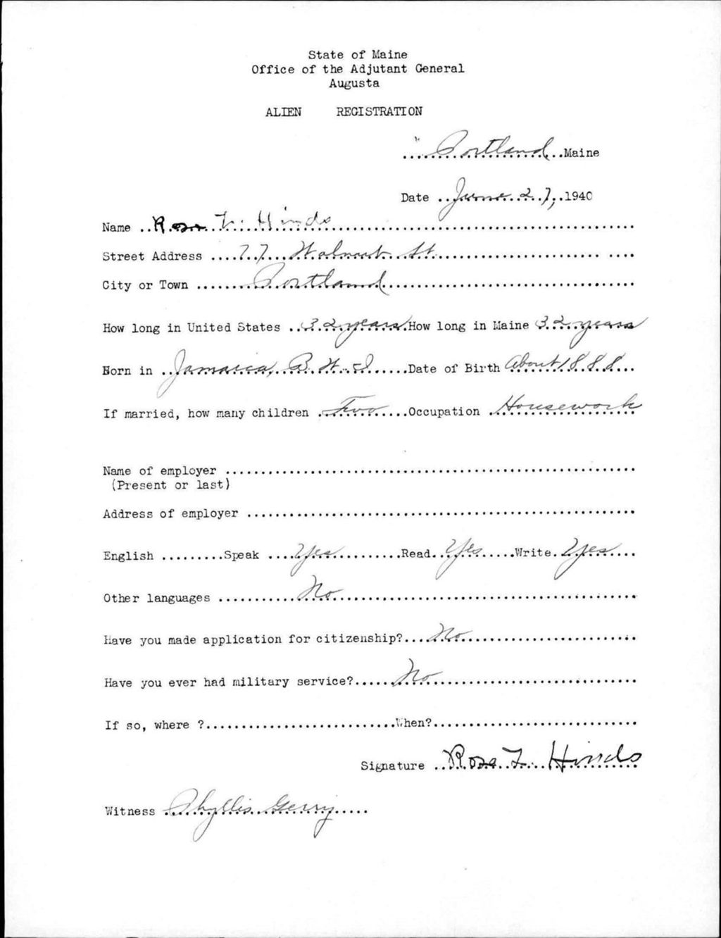 Miniature of Alien Registration- Hinds, Rose L. (Portland, Cumberland County)