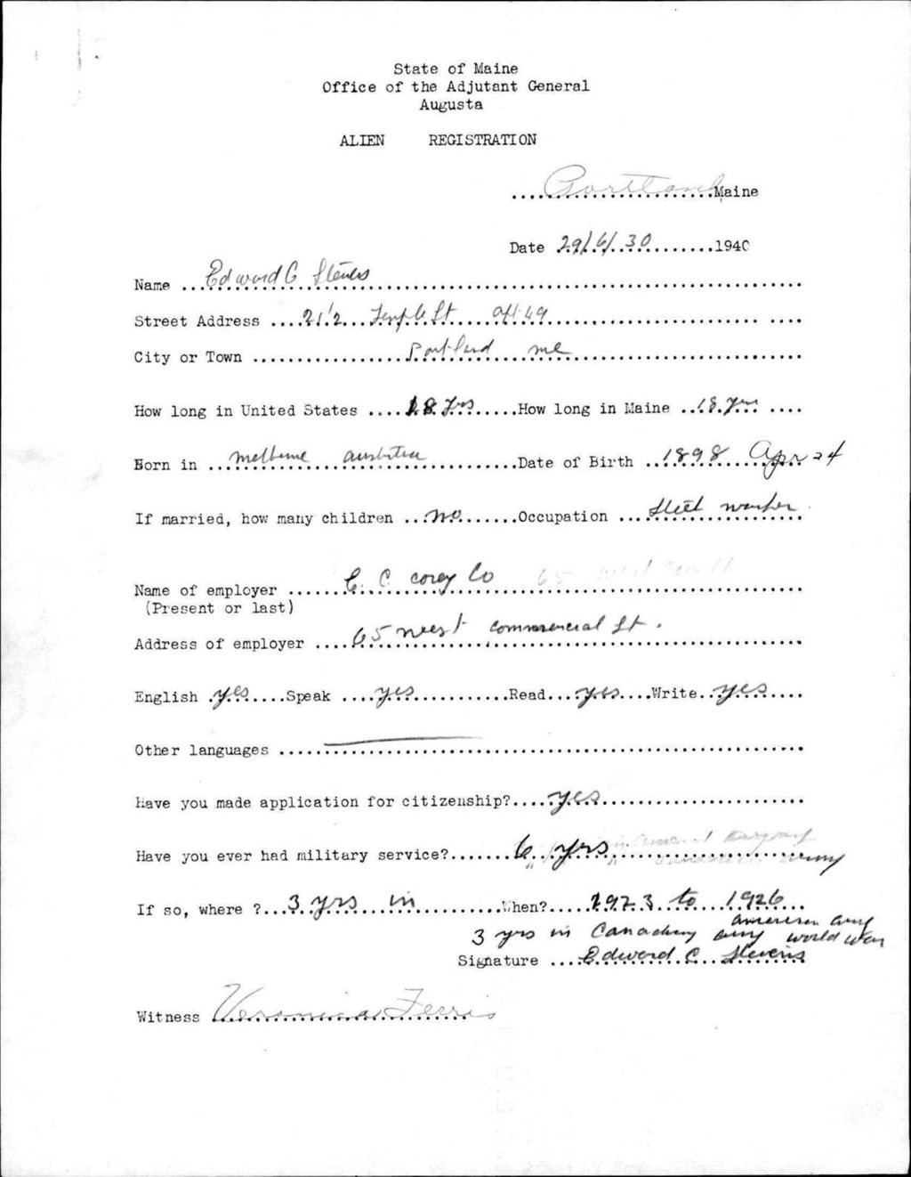 Miniature of Alien Registration- Stevens, Edward G. (Portland, Cumberland County)