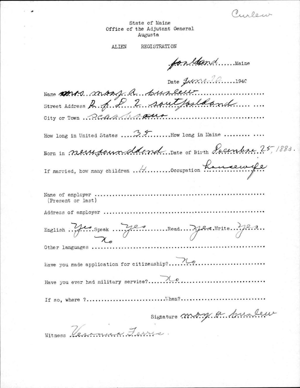 Miniature of Alien Registration- Curlew, Mary A. (Portland, Cumberland County)