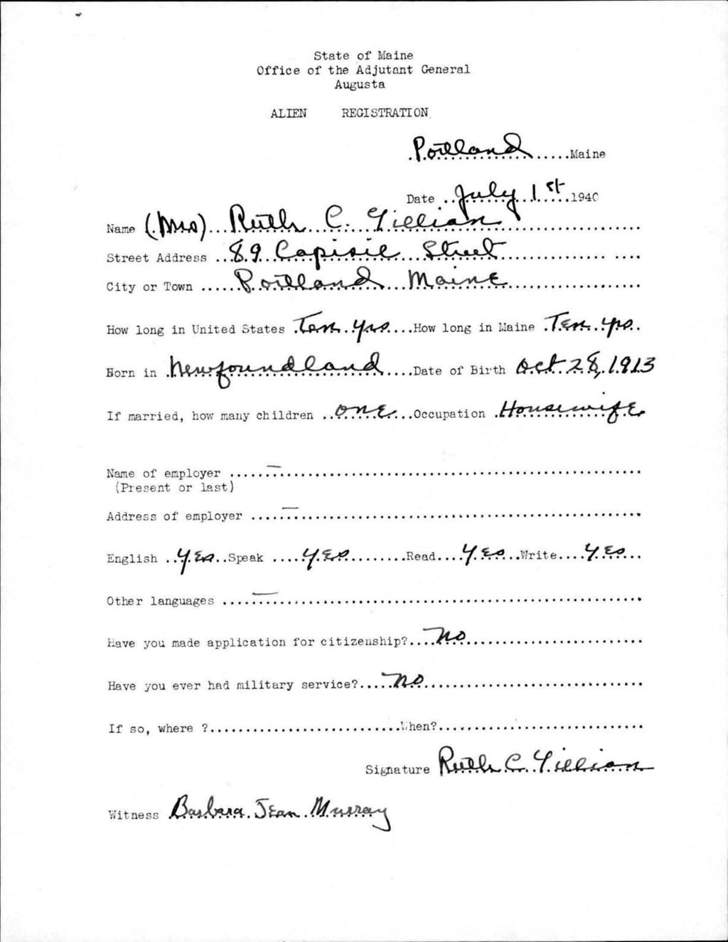 Miniature of Alien Registration- Lillian, Ruth C. (Portland, Cumberland County)