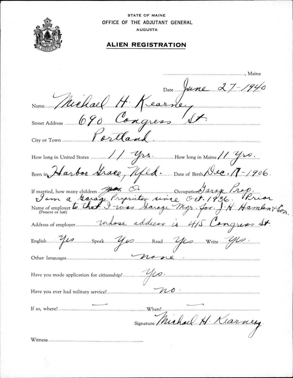 Miniature of Alien Registration- Kearney, Michael H. (Portland, Cumberland County)