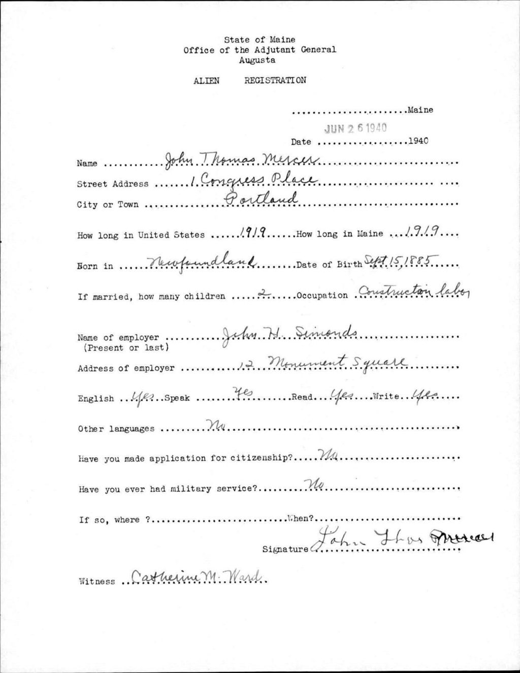 Miniature of Alien Registration- Mercer, John T. (Portland, Cumberland County)