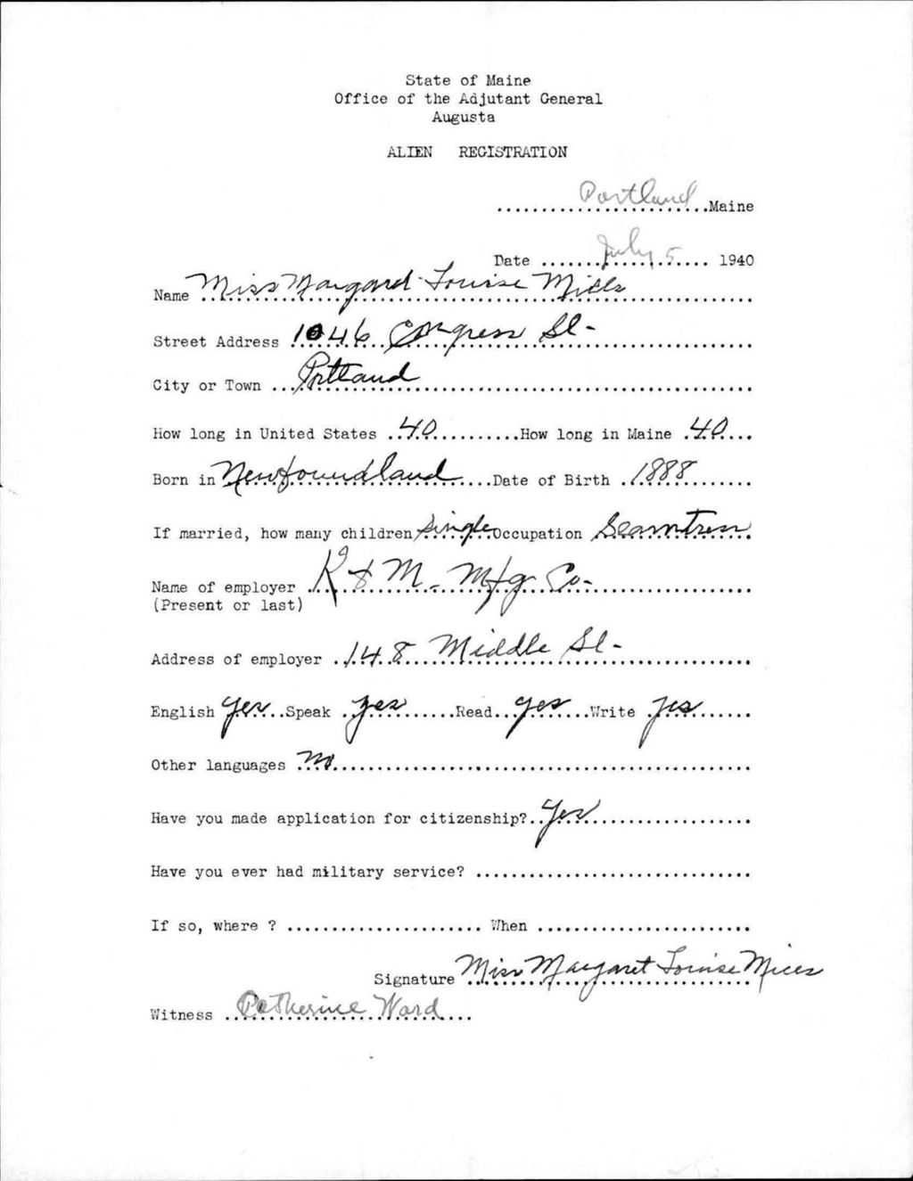 Miniature of Alien Registration- Mills, Margaret F. (Portland, Cumberland County)