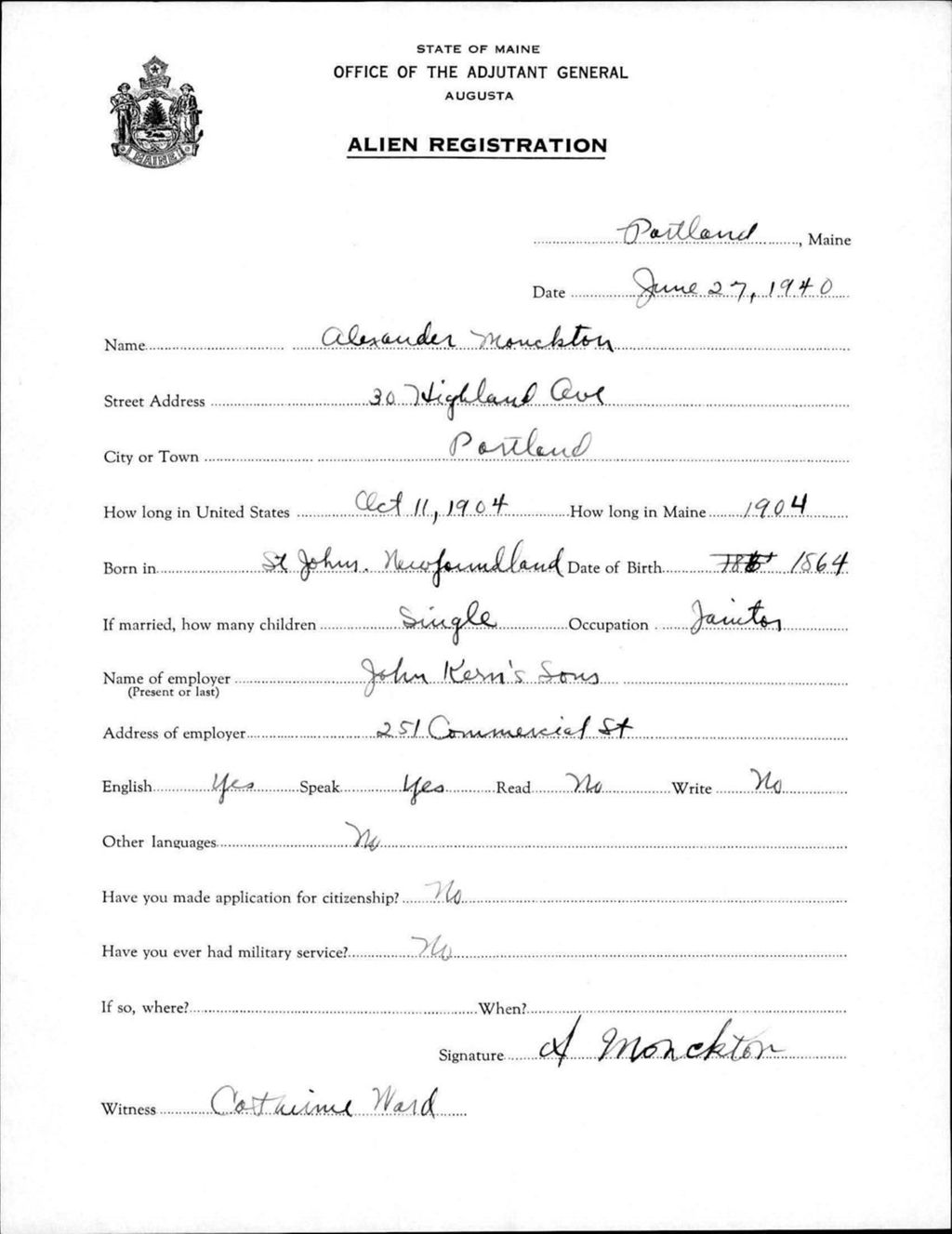 Miniature of Alien Registration- Monckton, Alexander (Portland, Cumberland County)