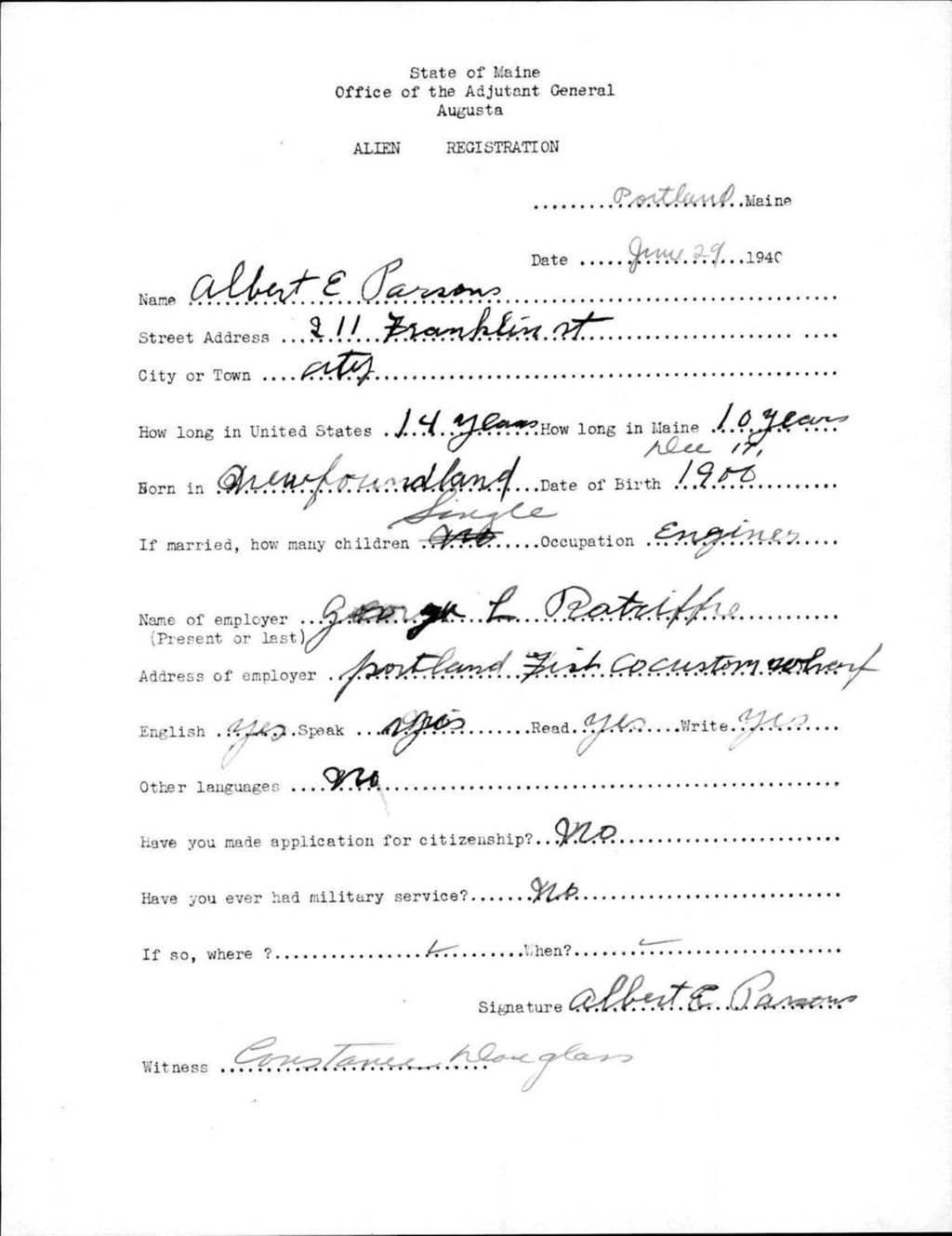 Miniature of Alien Registration- Parsons, Albert E. (Portland, Cumberland County)