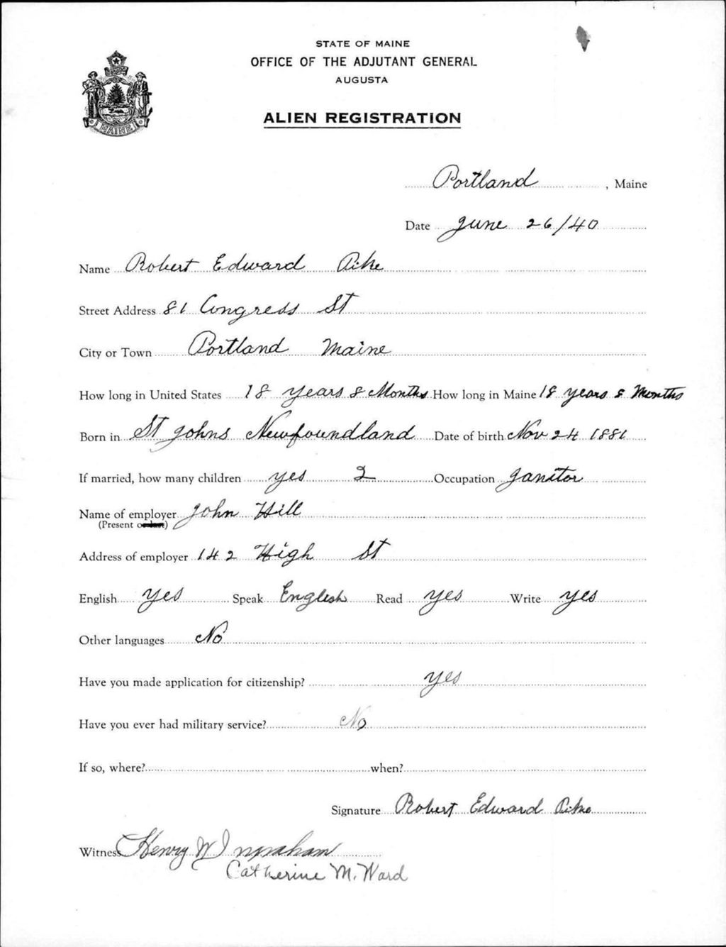 Miniature of Alien Registration- Pike, Robert E. (Portland, Cumberland County)
