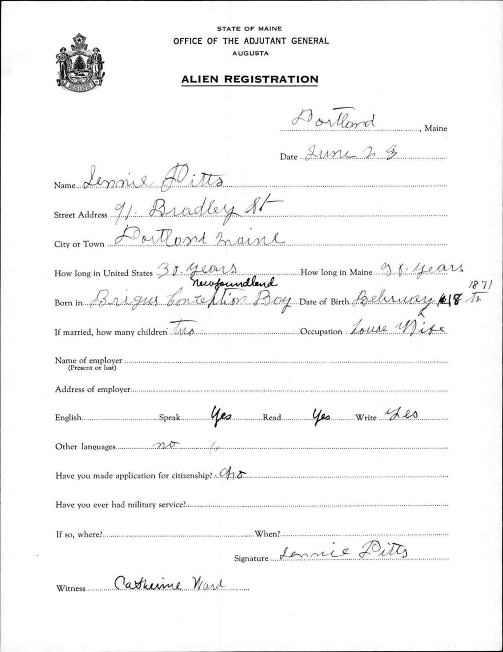 Miniature of Alien Registration- Pitts, Jennie (Portland, Cumberland County)