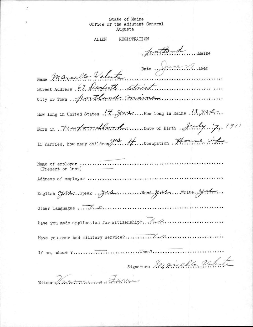 Miniature of Alien Registration- Valante, Marcello (Portland, Cumberland County)