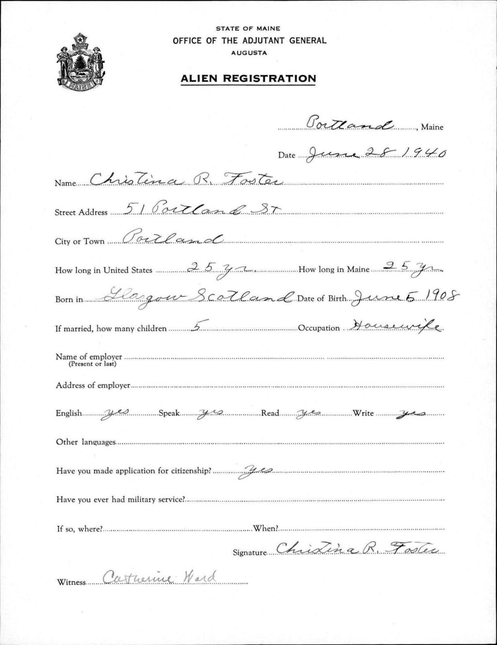 Miniature of Alien Registration- Foster, Christina R. (Portland, Cumberland County)