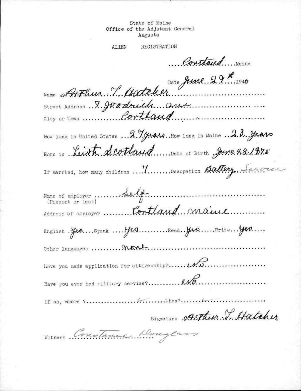 Miniature of Alien Registration- Hatcher, Arthur T. (Portland, Cumberland County)