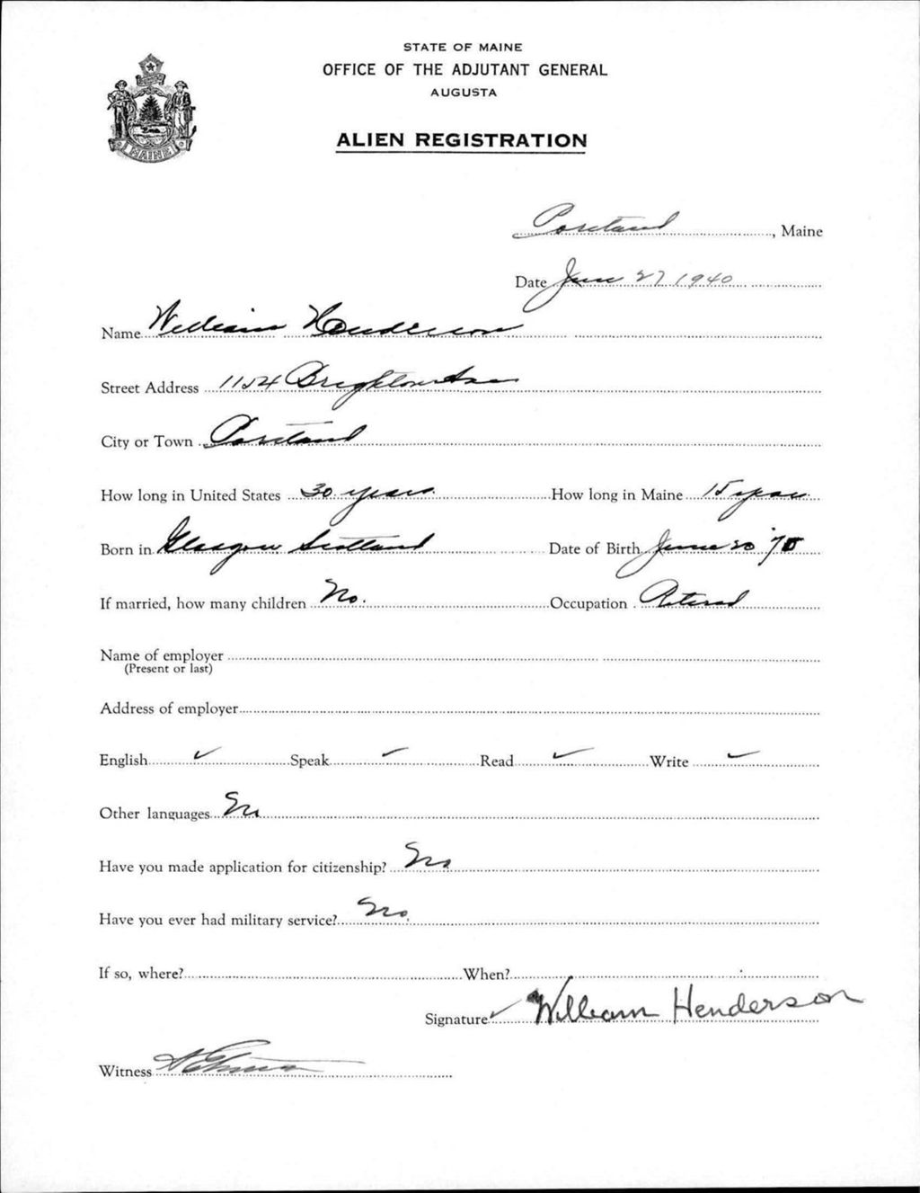 Miniature of Alien Registration- Henderson, William (Portland, Cumberland County)