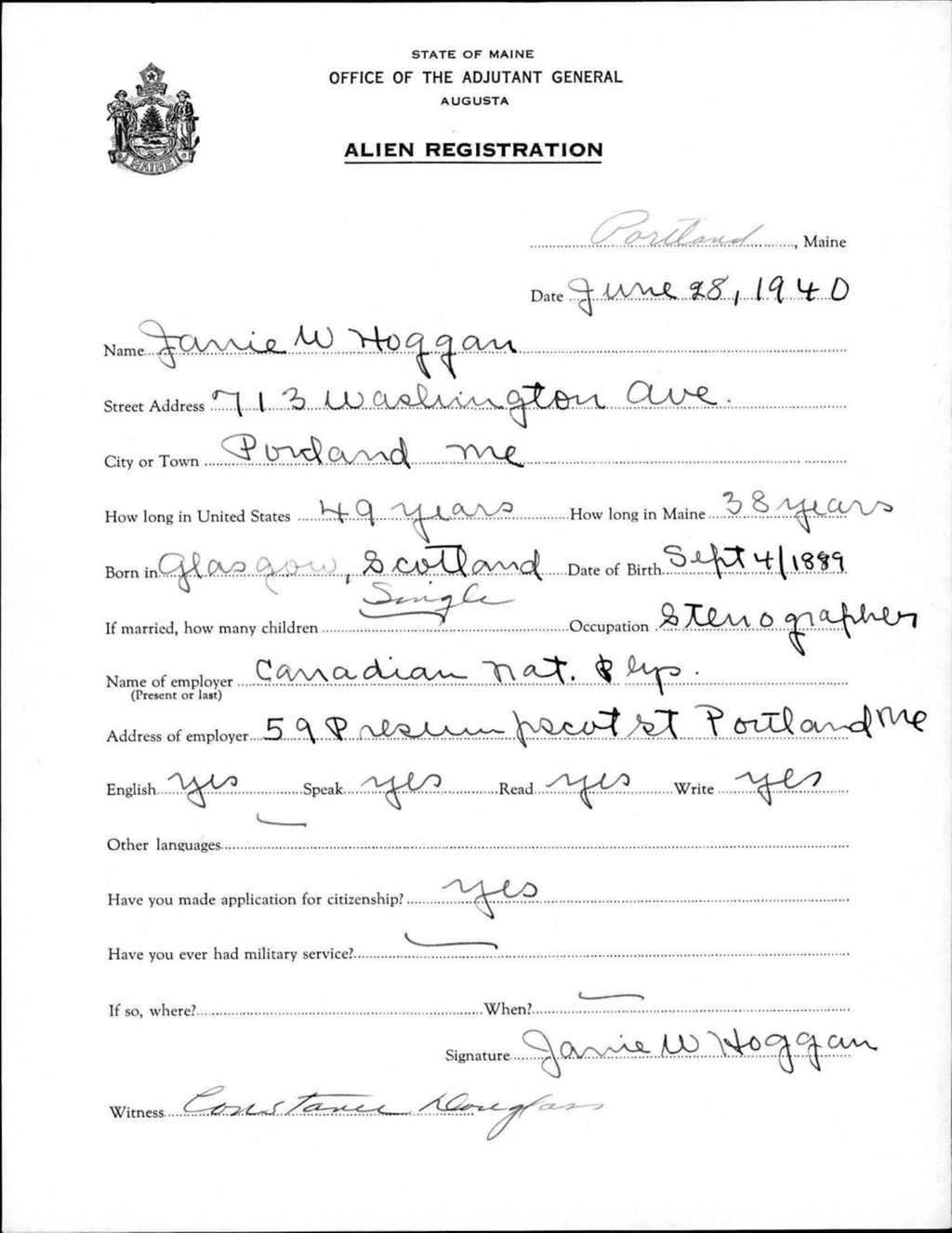 Miniature of Alien Registration- Hoggan, Janie W. (Portland, Cumberland County)