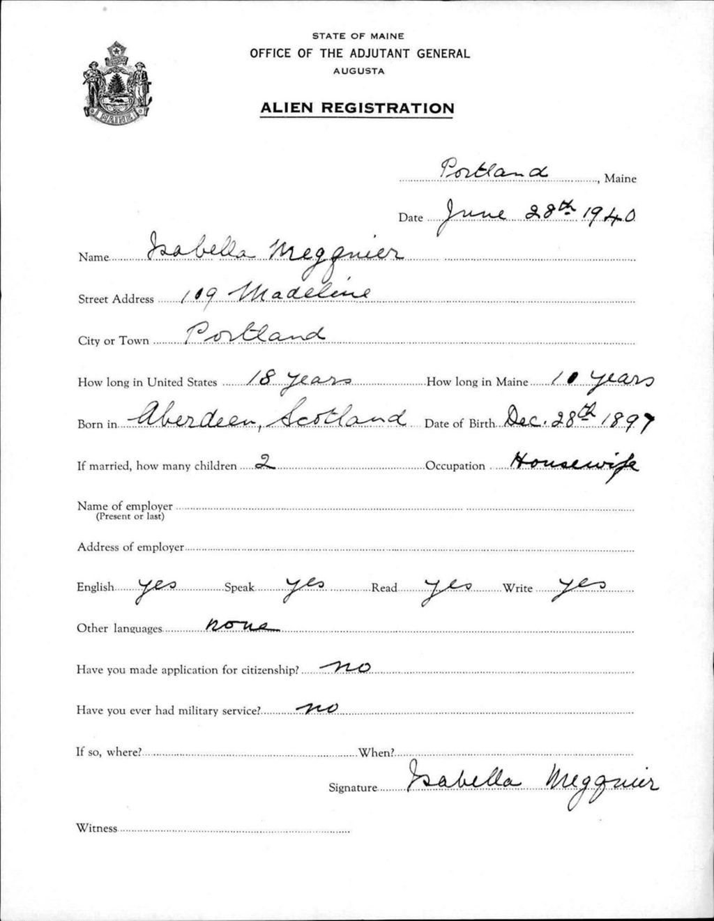 Miniature of Alien Registration- Megguier, Isabella (Portland, Cumberland County)