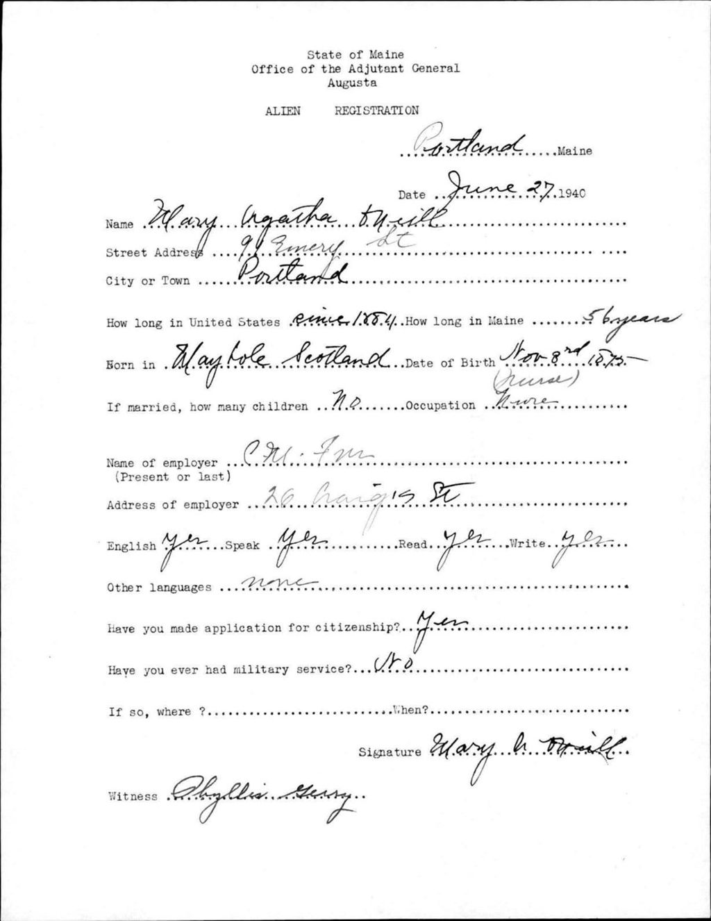 Miniature of Alien Registration- Oneill, Mary A. (Portland, Cumberland County)