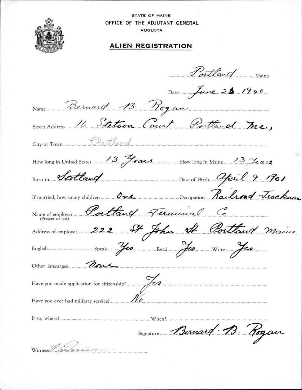 Miniature of Alien Registration- Rogan, Bernard B. (Portland, Cumberland County)