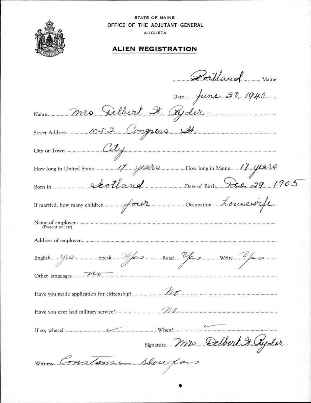 Miniature of Alien Registration- Ryder, Delbert W. (Portland, Cumberland County)