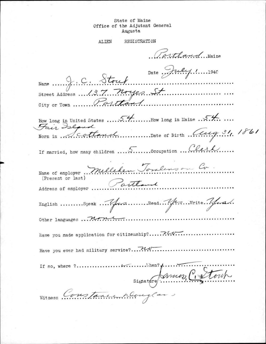 Miniature of Alien Registration- Stout, J C. (Portland, Cumberland County)